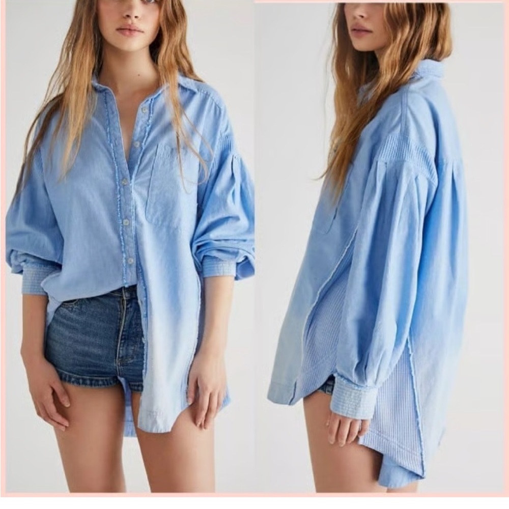 We The Free Cool and Clean oversized button down denim waffle knit shirt size S